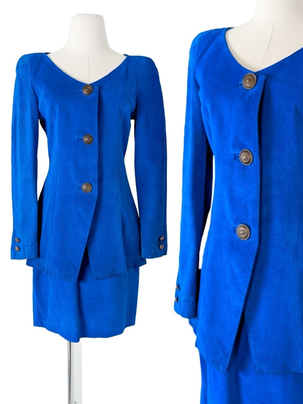 Danier Suede 2 Piece Blazer Skirt Set Size 4 Royal Blue Matching High Rise - Picture 2 of 15